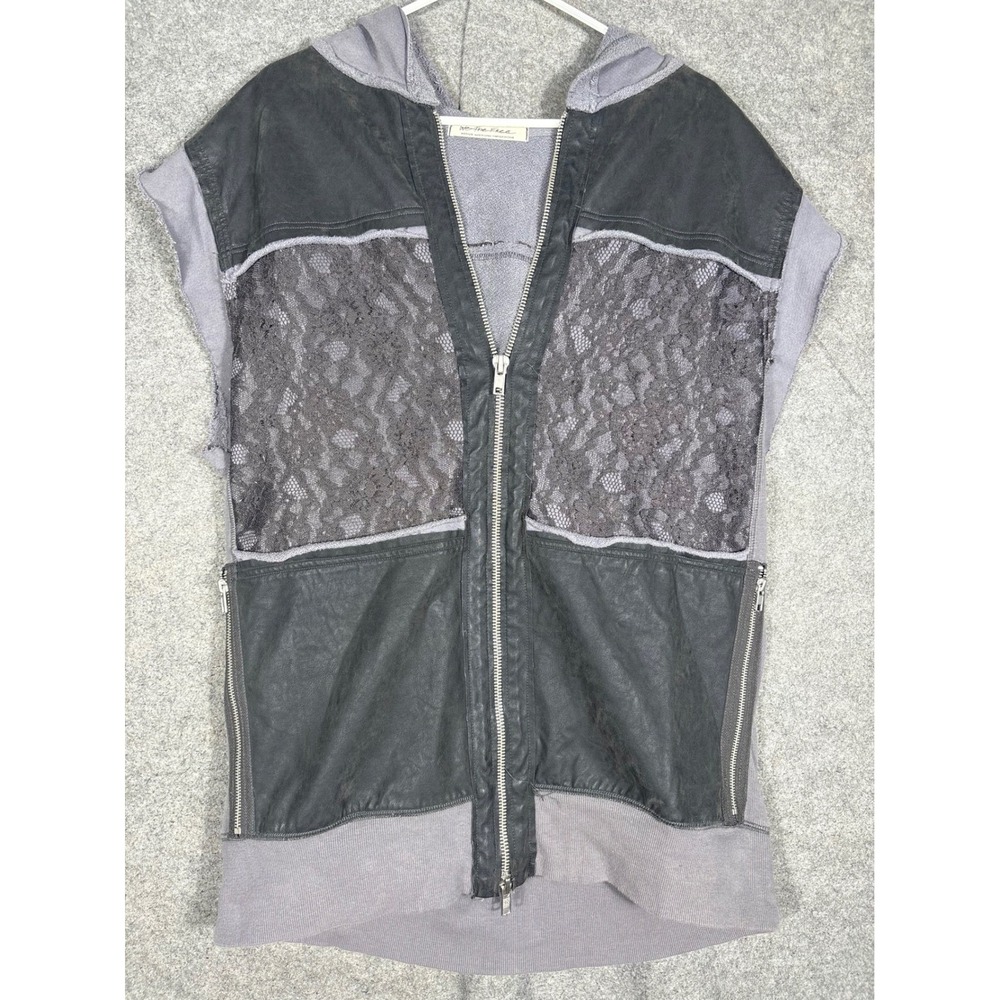 We The Free Free People Mixed Media Lace Leather Zip Up Hoodie Vest Gray M